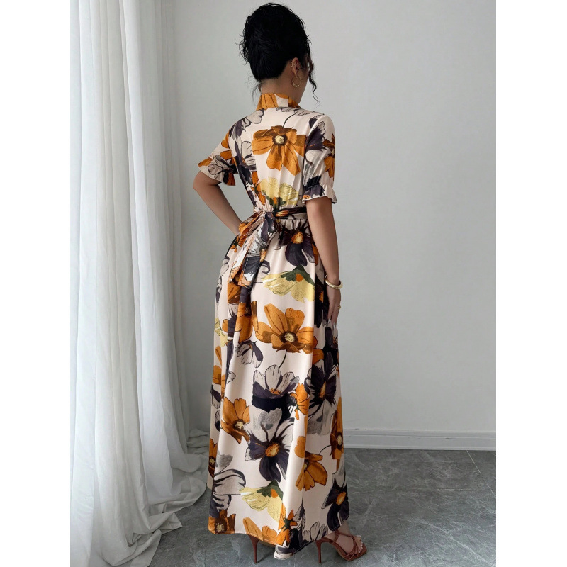 Womens Blouse-collar Puff-sleeve Cross-tie Waist Printed Dress