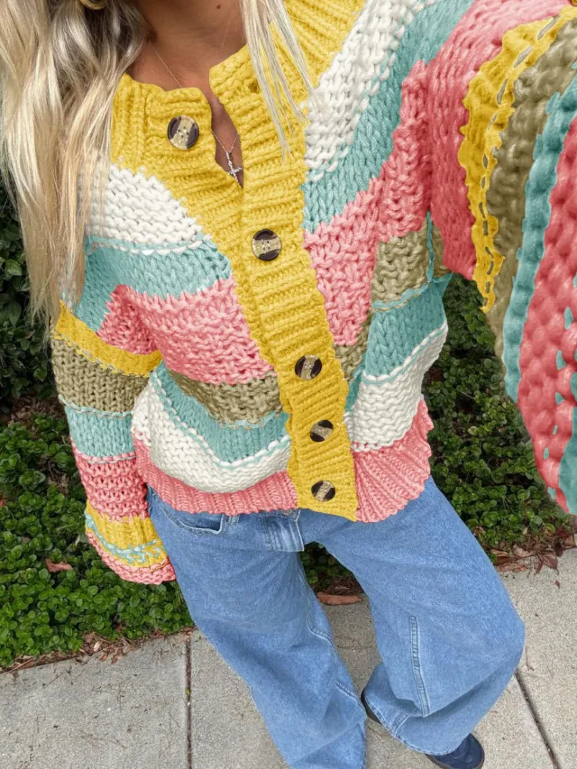 Ladies Striped Thick Needle Button Cardigan Sweater Yellow - Shop at LoveMi