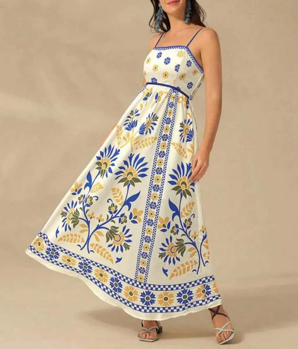 Printing Slip Dress Vacation Style Women's Clothing - Yellow Blue Variegated