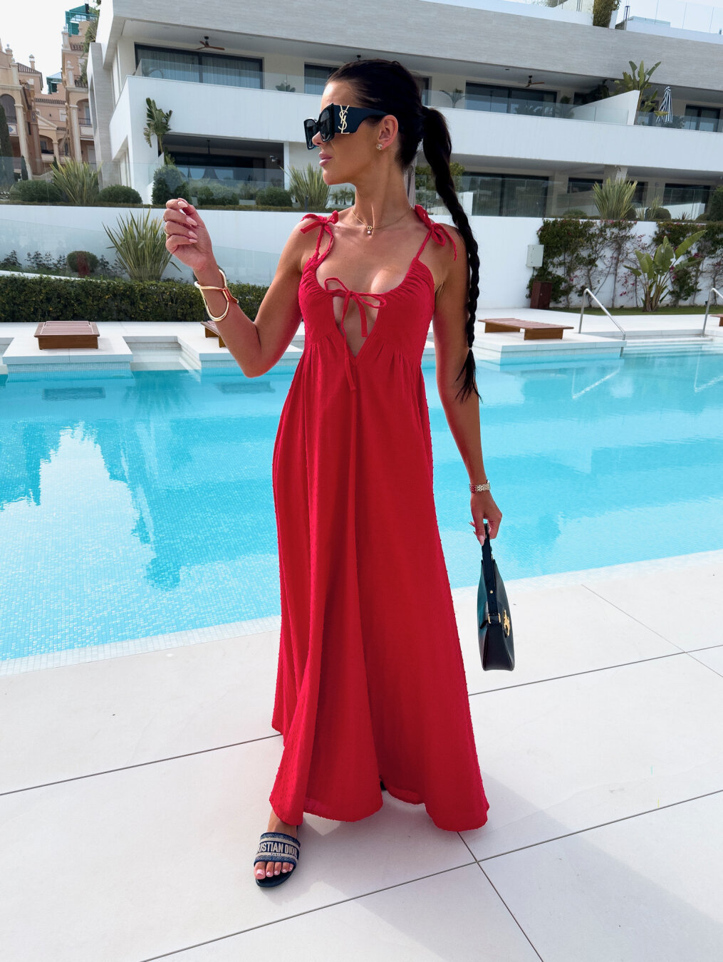 solid color jacquard deep v sling dress front view