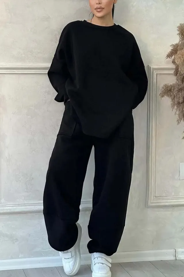 Women's Autumn And Winter Casual Loose Round Neck Long sleeved Sweater Trousers Suit Black - Shop at LoveMi
