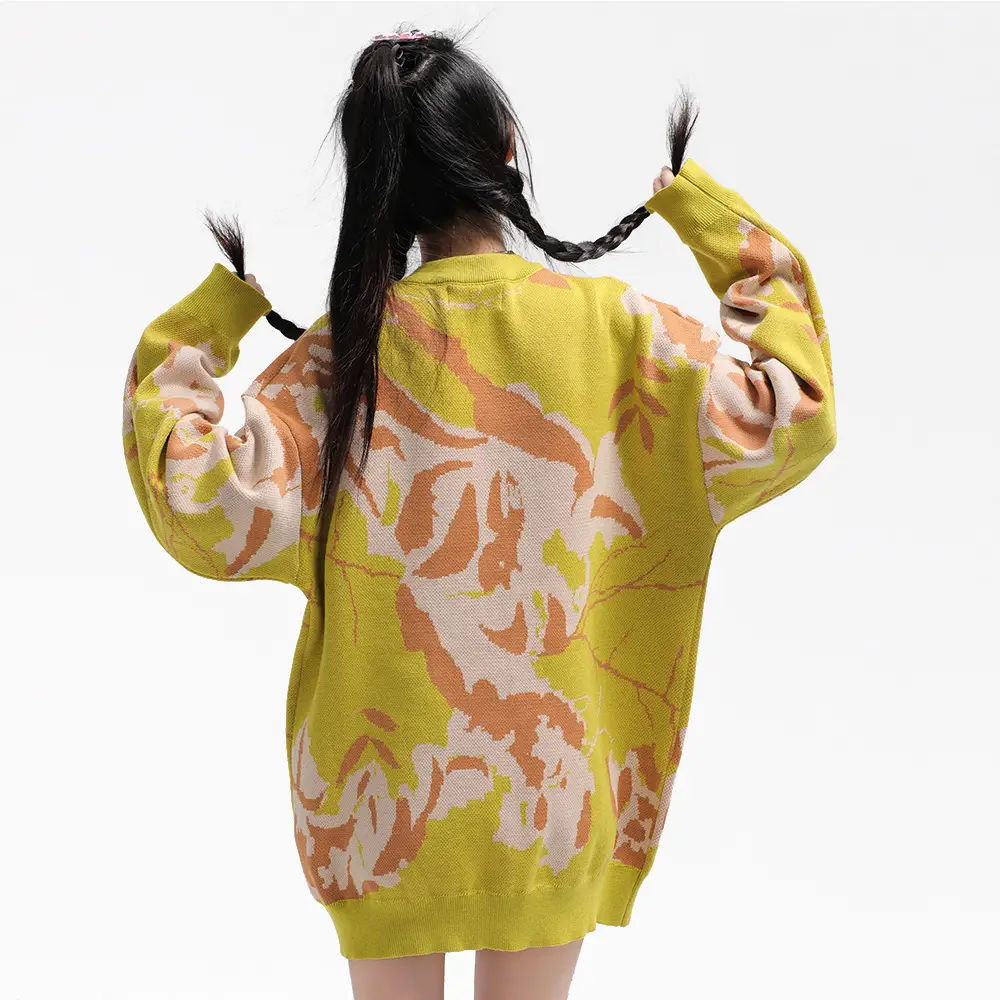 Full Printed Contrast Color Butterfly Loose Round Neck Sweater