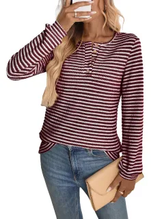 European And American Pineapple Grid Casual Button Round Neck T-shirt Knitted Long Sleeve - Red - View 1