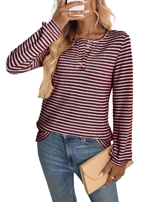 European And American Pineapple Grid Casual Button Round Neck T shirt Knitted Long Sleeve Wine Red - Shop at LoveMi