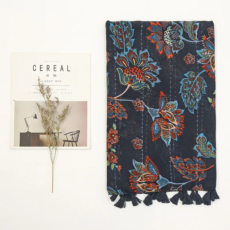 Women's Fashion Bohemian Rhinestone Printed Scarf - Navy Blue