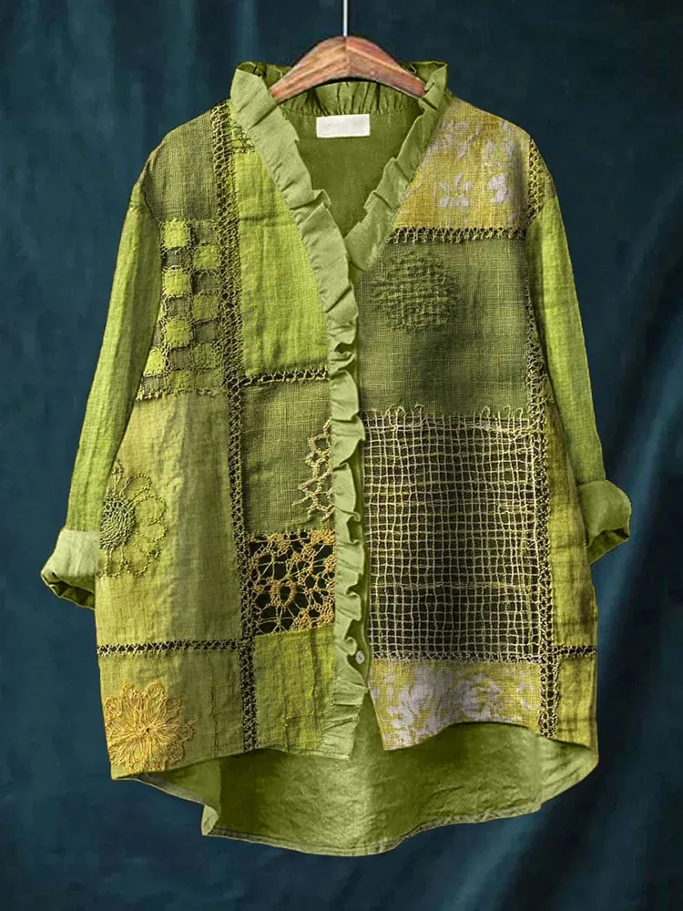 New Green Embroidered Floral Lace-trimmed Top - Green