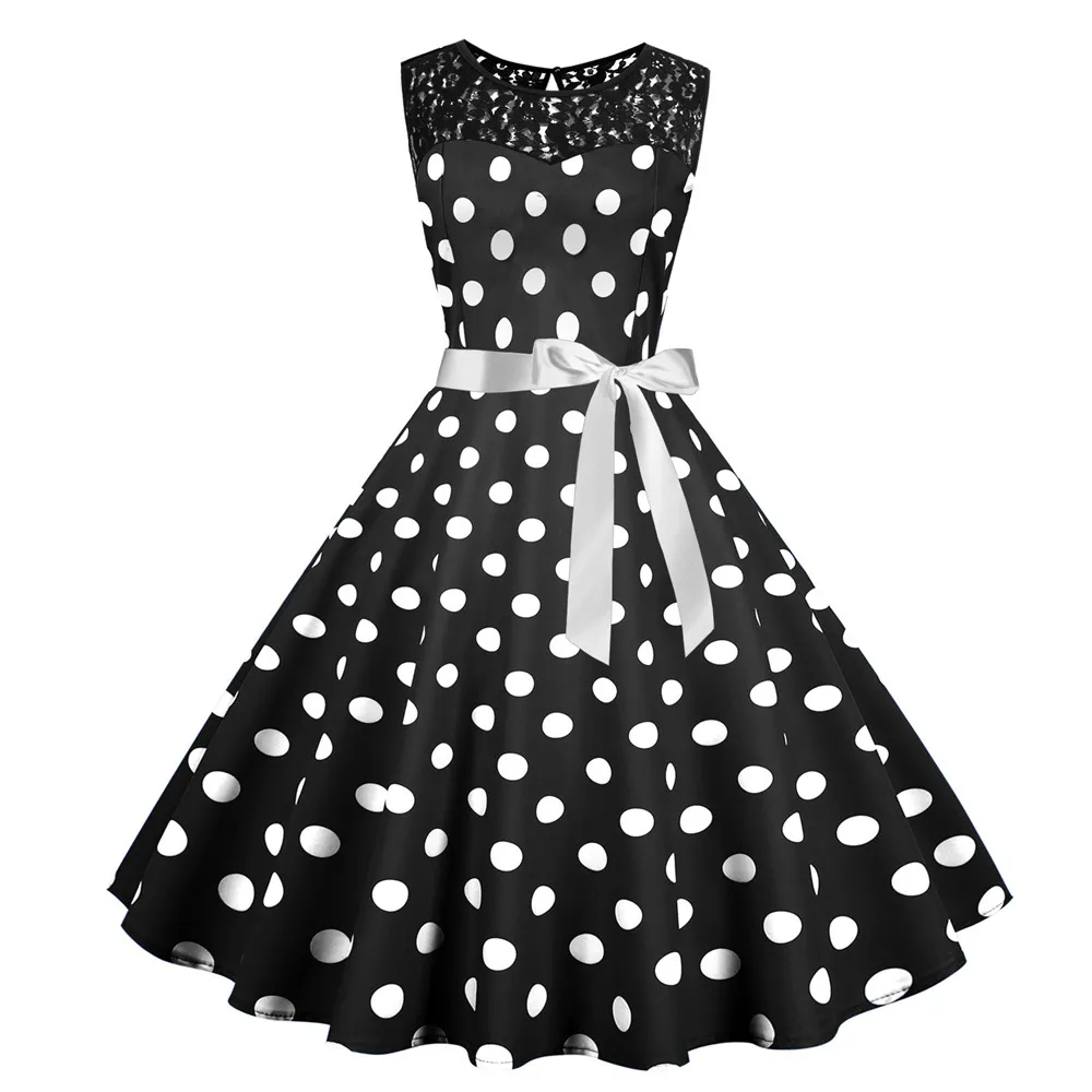 Women's Polka Dot Sleeveless Dress - Black