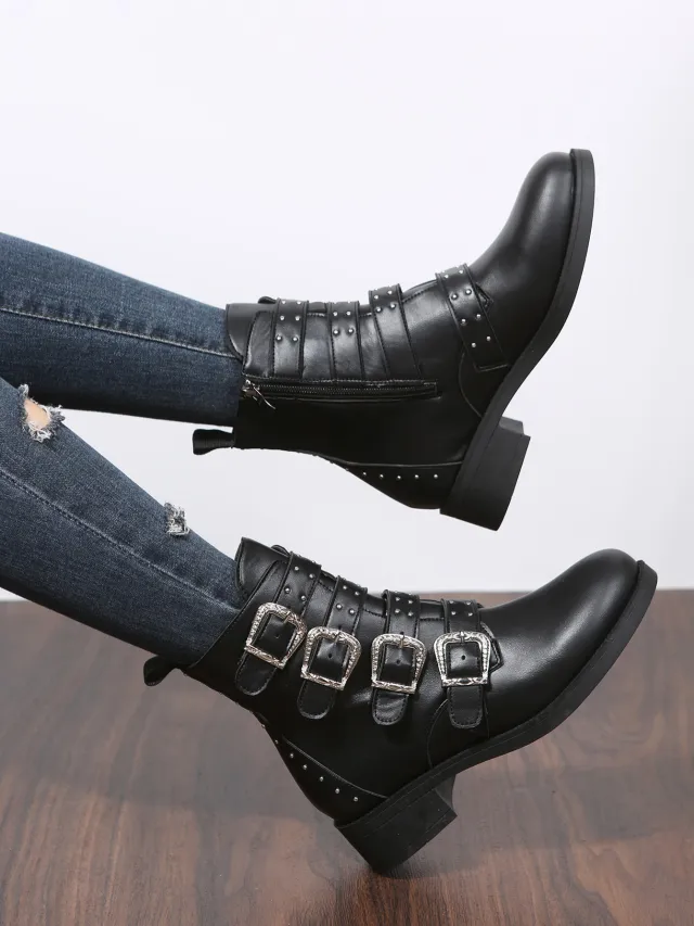Women's Fashion Belt Buckle Flat Heel Mid calf Chunky Heel Round Head Dr Martens Boots Black - Shop at LoveMi