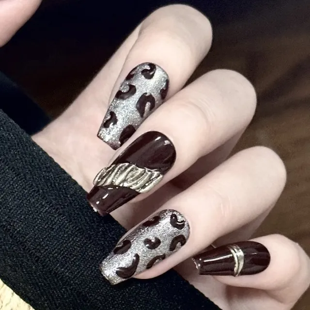 Cross border European And American Style Short Retro Jump Color Leopard Print Metallic T shaped Wear Armor Finished Nail Beauty Short - Shop at LoveMi