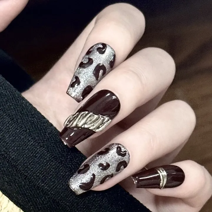 Cross-border European And American Style Short Retro Jump Color Leopard Print Metallic T-shaped Wear Armor Finished Nail Beauty - Short