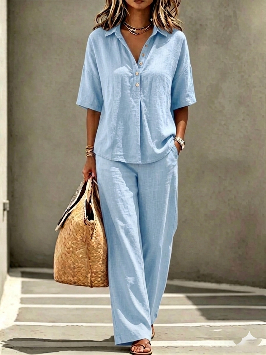 Women's polo neck button-up top and wide-leg pants set in light blue – front view