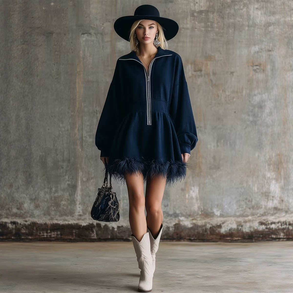 V-neck, Fashionably Fitted Short-length Long-sleeved Dress