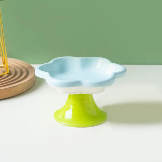 Pet Ceramic Cat Bowl Flower High Foot Anti turning Enamel Stain Resistant Supplies Food Basin Yellow Green - Shop at LoveMi
