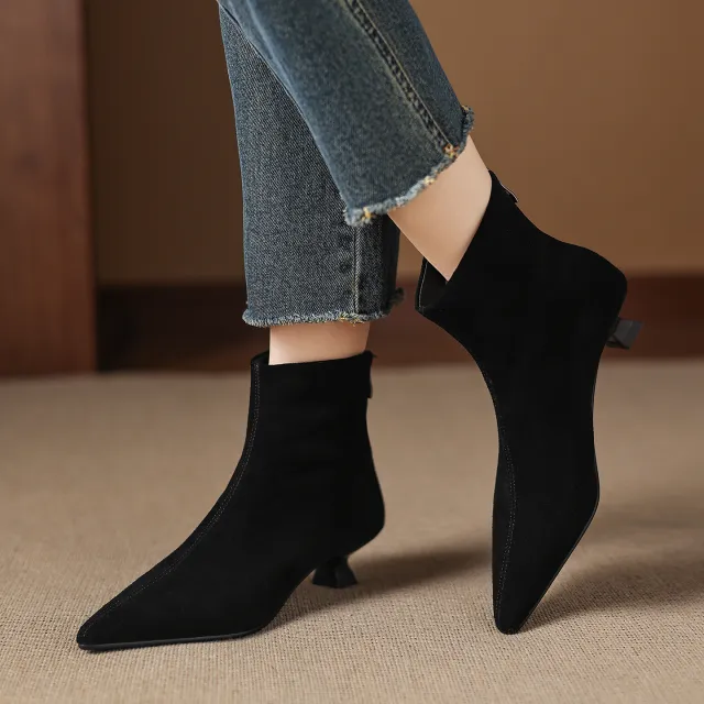 Cowhide Suede Pointed toe Ankle Boots For Women Black - Shop at LoveMi