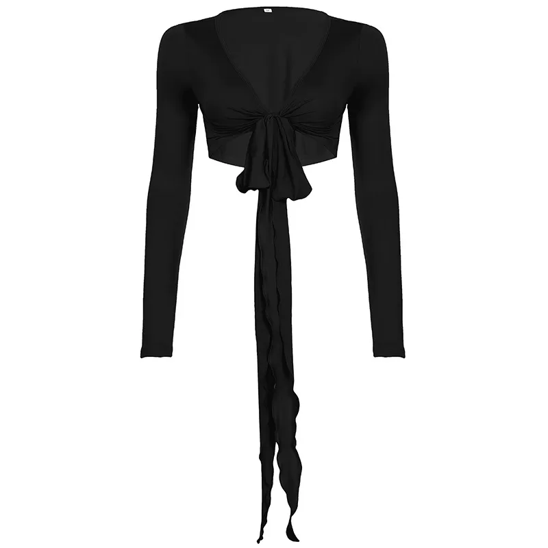 Pure Desire Strap Long-sleeved T-shirt Sexy Deep V-neck Short Blouse - Black