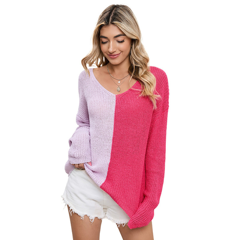 New Color Matching V neck Pullover Sweater Knitted Long sleeved Top Pink - Shop at LoveMi