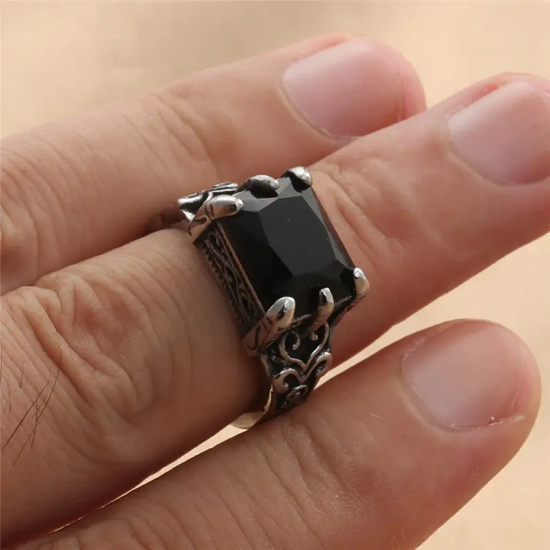 Titanium Steel Square Black Rhinestone Ring