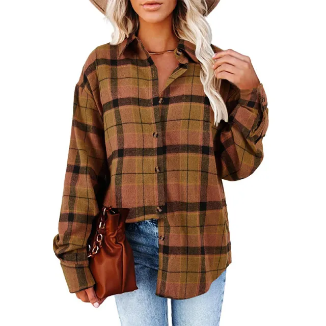 Women's New Casual Loose Boyfriend Plaid Shirt Caramel Xxl - Shop at LoveMi