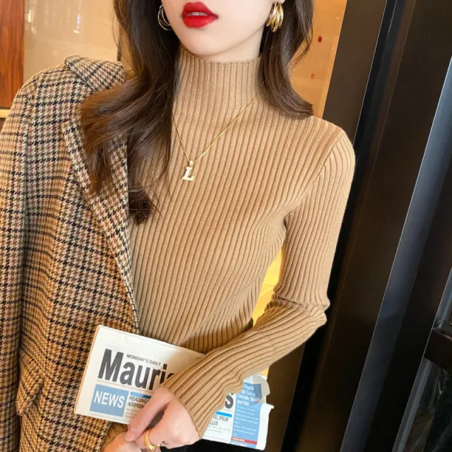 Half Turtleneck Knitted Sweater Women's Bottoming Shirt Women's Autumn And Winter Khaki - Shop at LoveMi