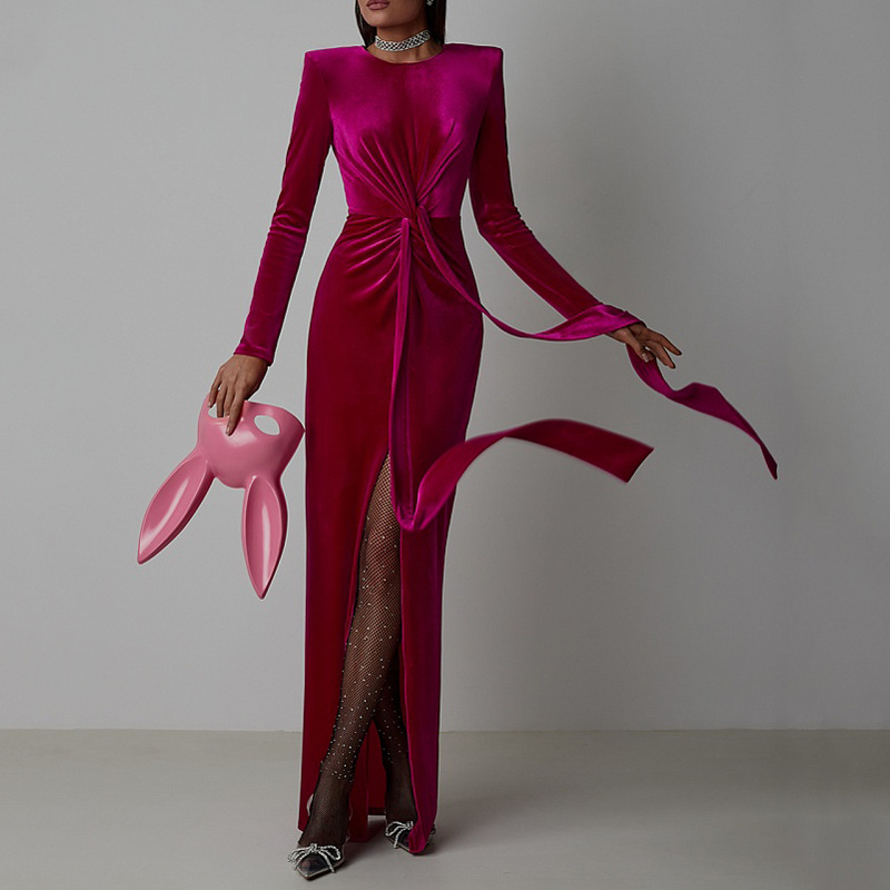 Velvet Round-Neck Long-Sleeve Dress