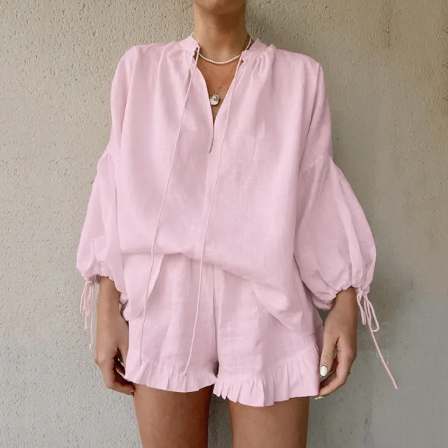Fashion Cotton And Linen Solid Color Loose V neck Lantern Sleeve Shorts Two piece Set Pink - Shop at LoveMi