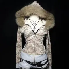 Retro Alphabet Embroidered Autumn And Winter Fur Collar Hood Cardigan Coat Sweatshirt - Camouflage - View 1