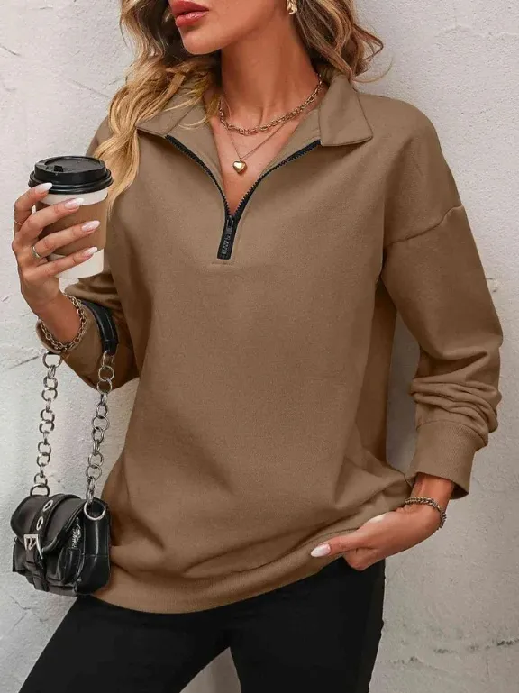 Women's Fashion Half Long sleeve Zipper Sweatshirt Fashion Pullover Brown - Shop at LoveMi