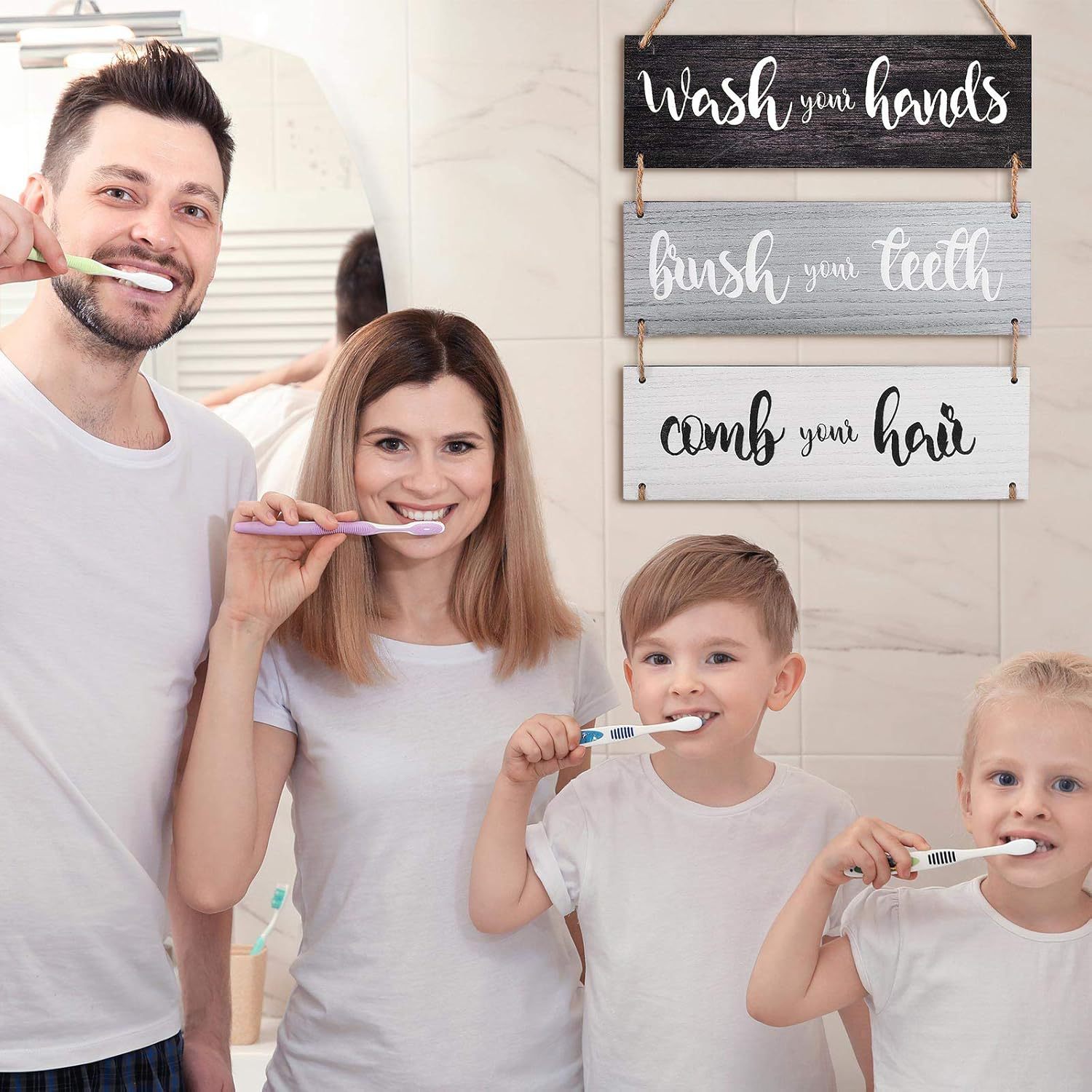 A Sign In The Bathroom Reminds Children To Wash Their Hands And Brush Their Teeth