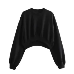 Autumn New Women's Clothing Solid Colour Basic Short Sweater Ankle Banded Lace-up Jogger Pants Suit - Black Top - View 1