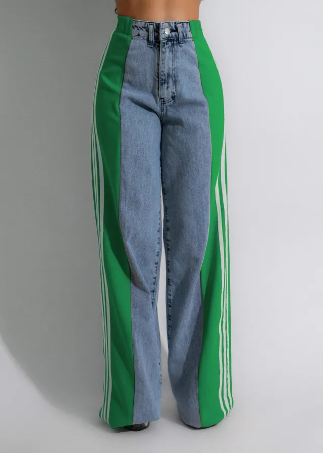Fashion Casual High Waist Elastic Straight Leg Trousers Three Stripe Patchwork Denim Wide Leg Pants Streetwear Blue Green - Shop at LoveMi