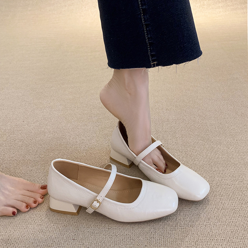 Chunky-heeled Square-toe Slingback Versatile Mid-heel Womens Shoes