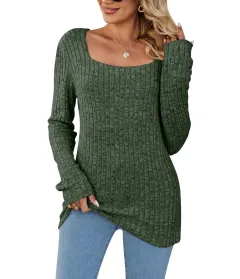 Square Collar Hollow Striped Brushed Casual Long Sleeve - Army Green - View 1