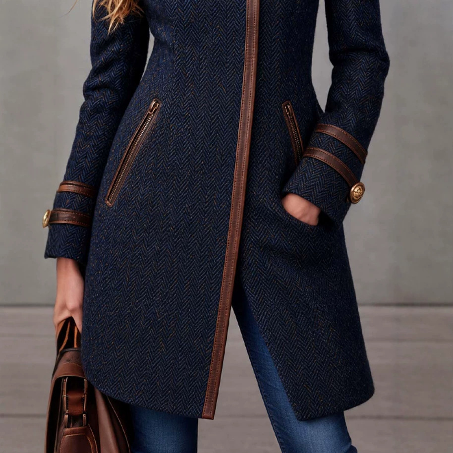 Mid-length Tweed Coat With Side Zipper And Herringbone Pattern