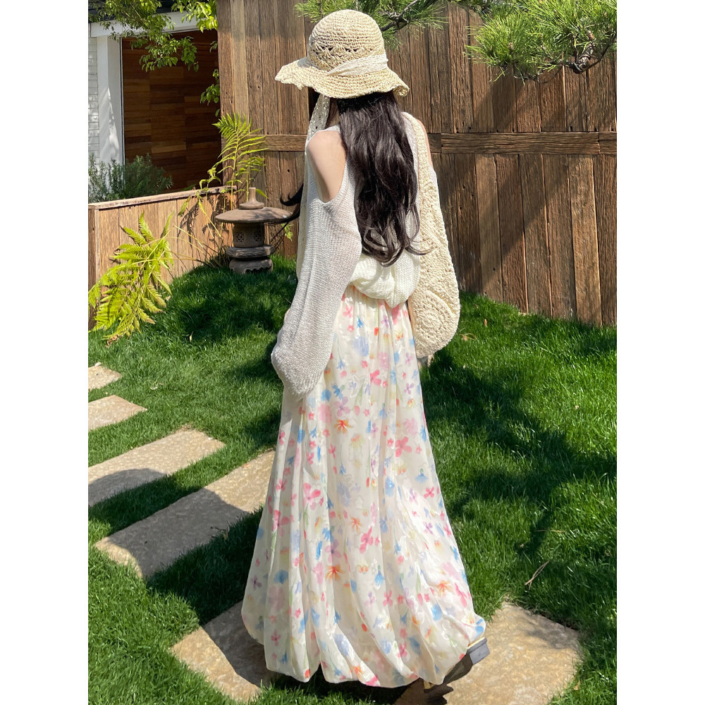 High-Waisted Cloud Print Midi Puffy Skirt – Contrast Color