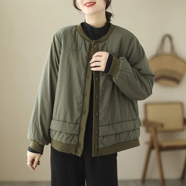 Retro Cotton Padded Thickened Cotton padded Jacket Short Coat Green - Shop at LoveMi