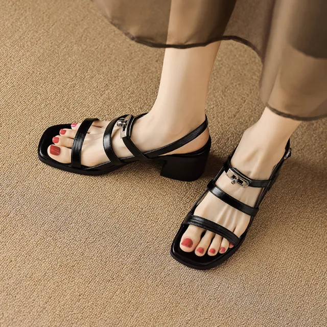 Square Toe Open Toe Fairy Style High Heel Shoes With Middle Heel Black - Shop at LoveMi