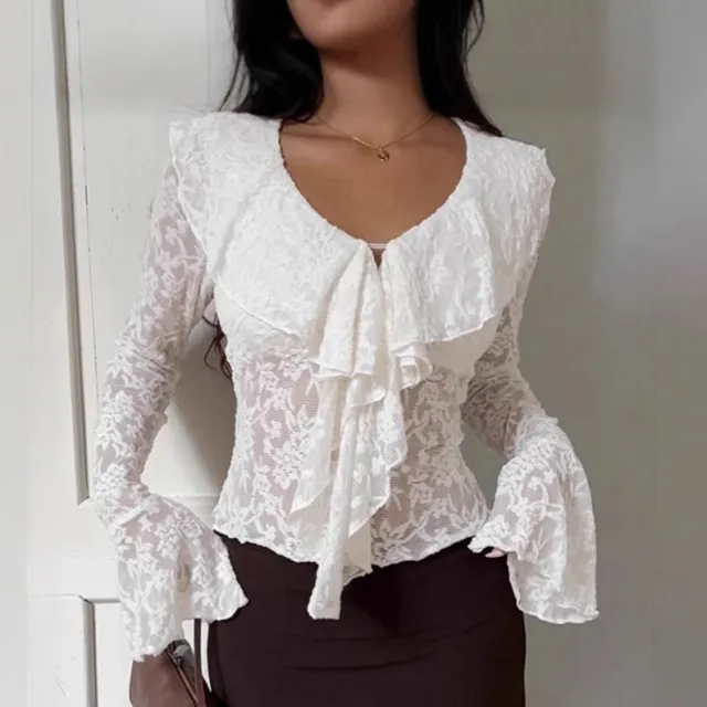 Womens Solid Color French Style Flared Sleeve Ruffle Trim Shirt Red - Shop at LoveMi