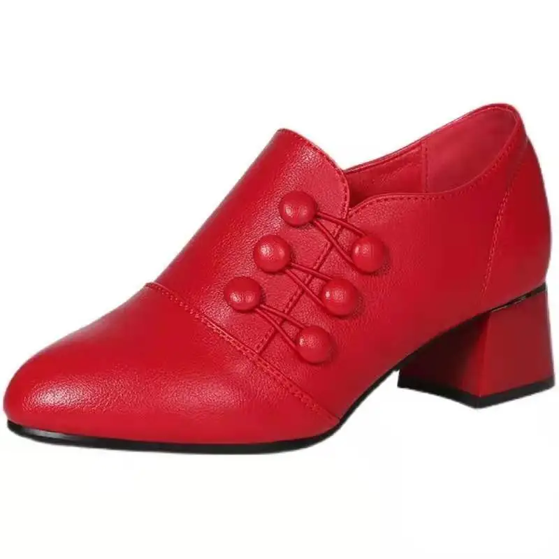 Large Size Mom Shoes Women's New Leather Shoes Mid Heel Chunky Heel Slip-on