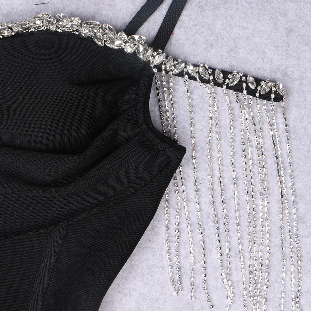 V-neck Backless Jewelry Chain Diamond Knitted Bandage One-piece Dress
