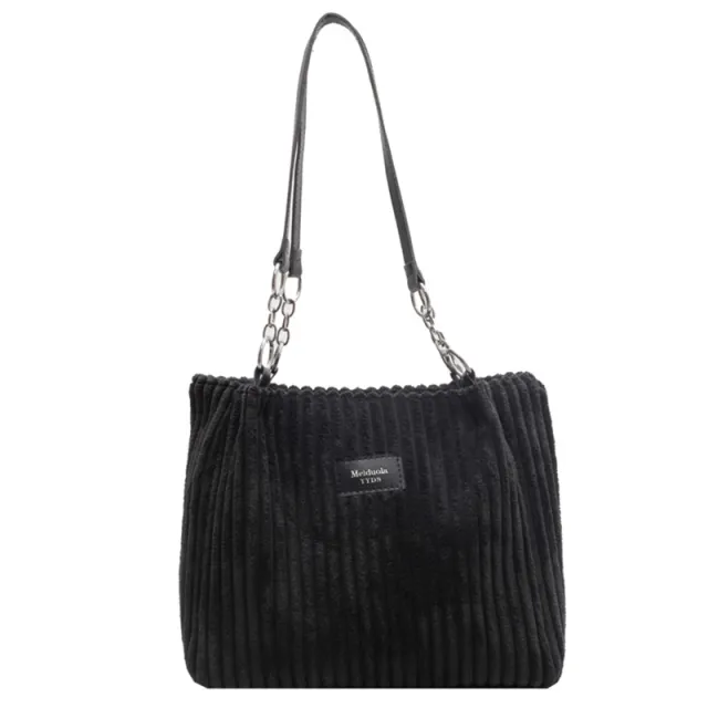 Retro Large Capacity Shoulder Bag Casual Simple Portable Shopper Tote Bag Corduroy Solid Commuter Zipper Women's Handbag Black - Shop at LoveMi