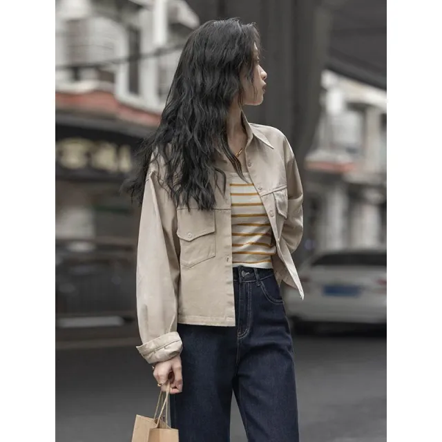 Coat Design Sense Style Top Vintage Long Sleeve Shirt Khaki - Shop at LoveMi