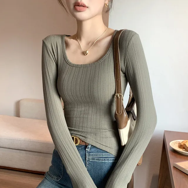 Big U neck T shirt Women's Bottoming Shirt Long Sleeve Army Green - Shop at LoveMi