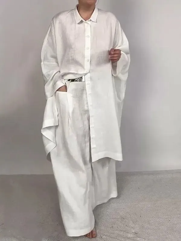 Casual Loose Solid Color Shirt Outfit Wide Leg Pants Two piece Set White - Shop at LoveMi
