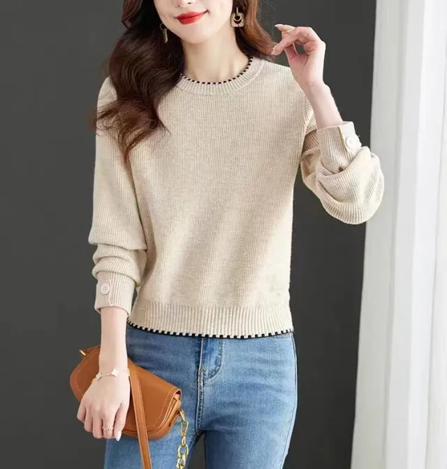 Women's Knitwear Simple Crew Neck Pullover Sweater Apricot - Shop at LoveMi