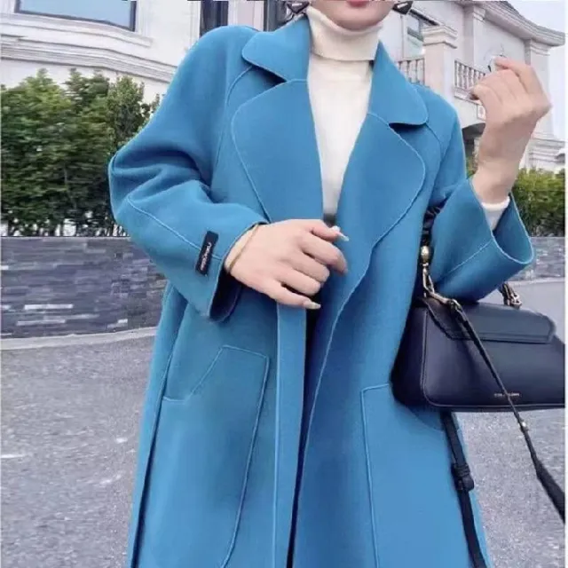 Double faced Cashmere Coat Women's Mid length Over The Knee Blue - Shop at LoveMi