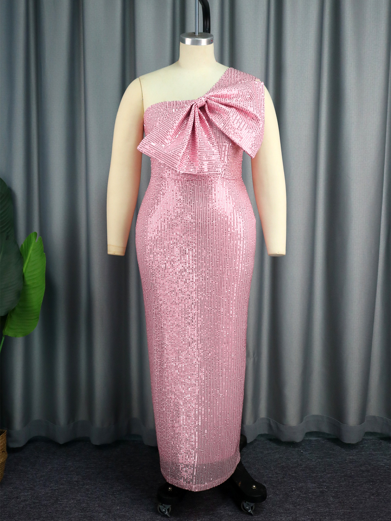 One Shoulder Diagonal Collar Sequins Dress Party Bridesmaid Dress
