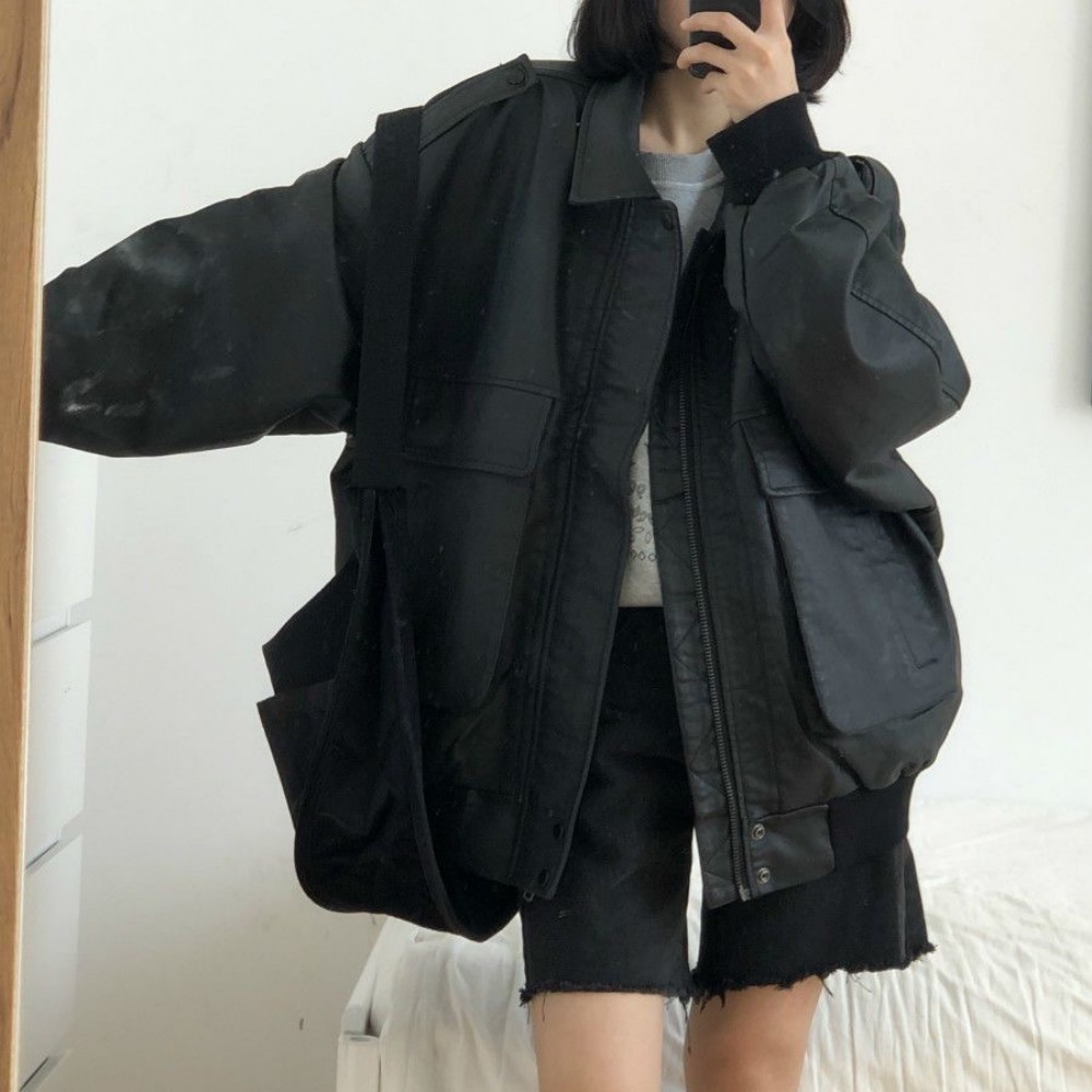 Retro Lapels Biker's Leather Jacket Loose Casual With Big Pockets Jacket Black - Shop at LoveMi