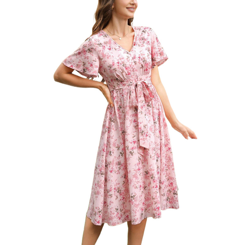 Printed V-neck Ruffled Tied European And American Style Dress