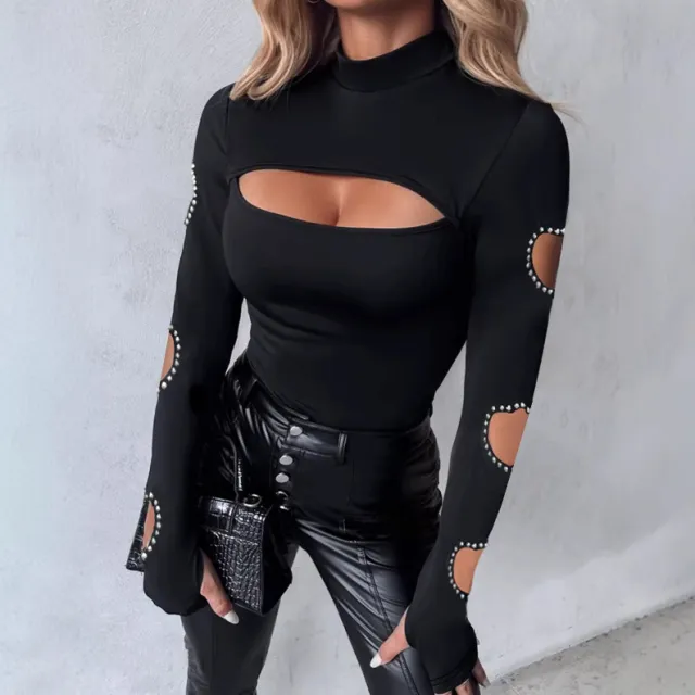 New Slim Fit Hollowed Heart Shape Long Sleeve Top Women's Clothing Black - Shop at LoveMi