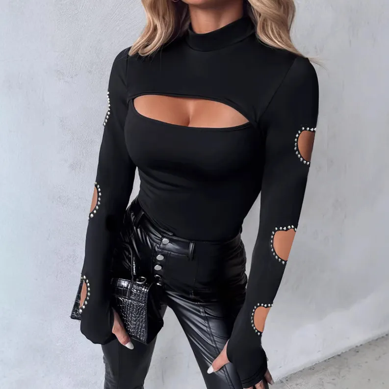 New Slim Fit Hollowed Heart Shape Long Sleeve Top Women's Clothing - Black
